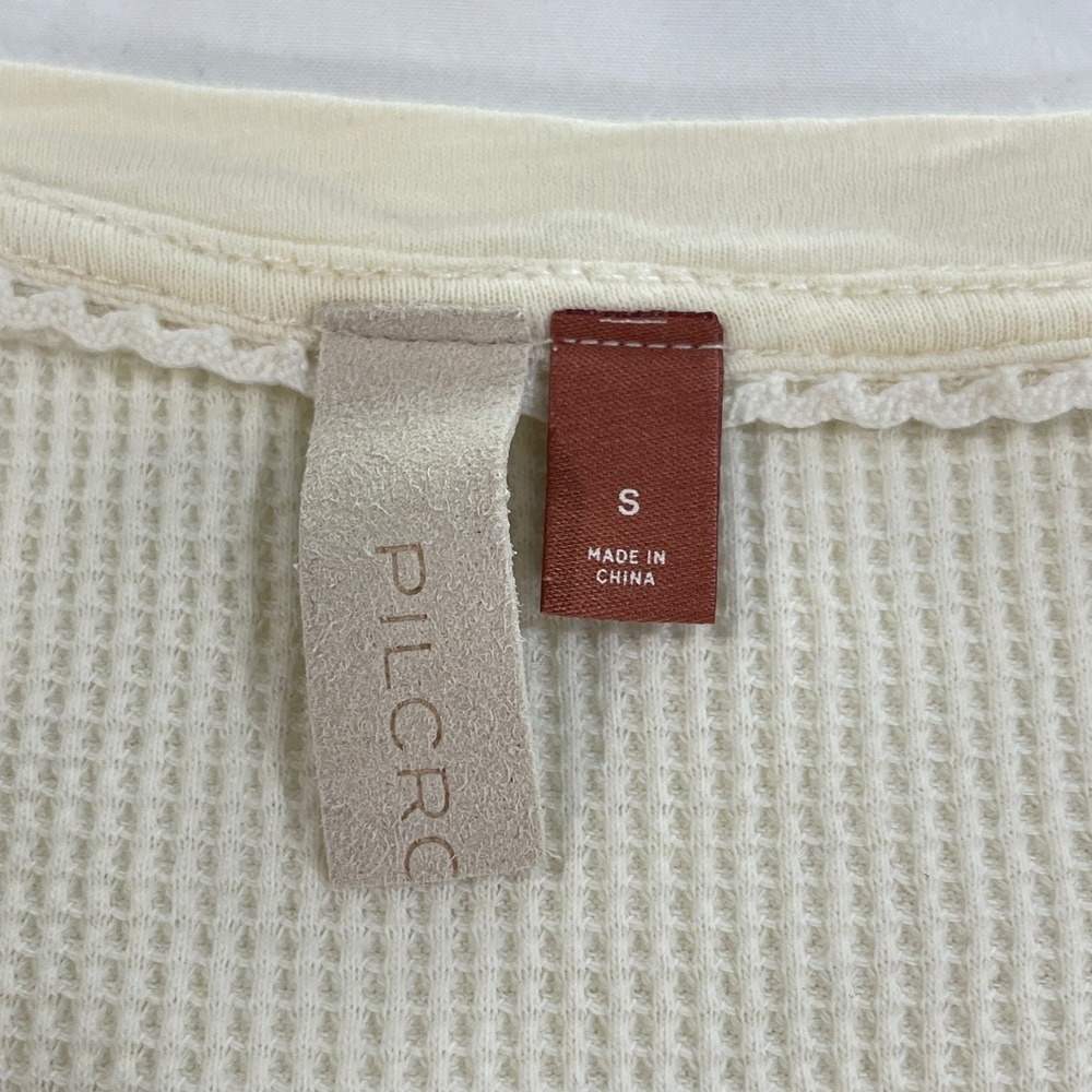 Pilcro Henley Top S Ivory Floral Embroidered Waffle Knit Thermal Cotton Blend - Picture 4 of 7